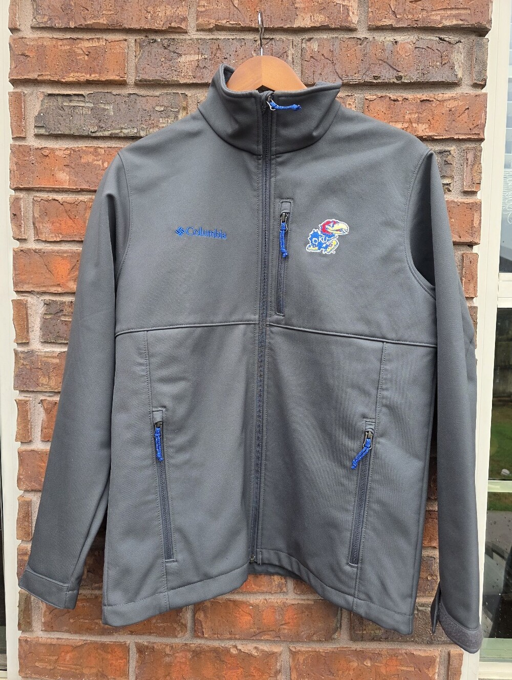 Columbia Men’s Gray Softshell Jacket with Blue Accents and KU Jayhawk Emb M